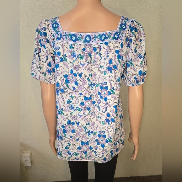 Talbots Square Neck Short Puff Sleeve Songbird Floral Print Shirt Size Small - Picture 5 of 10